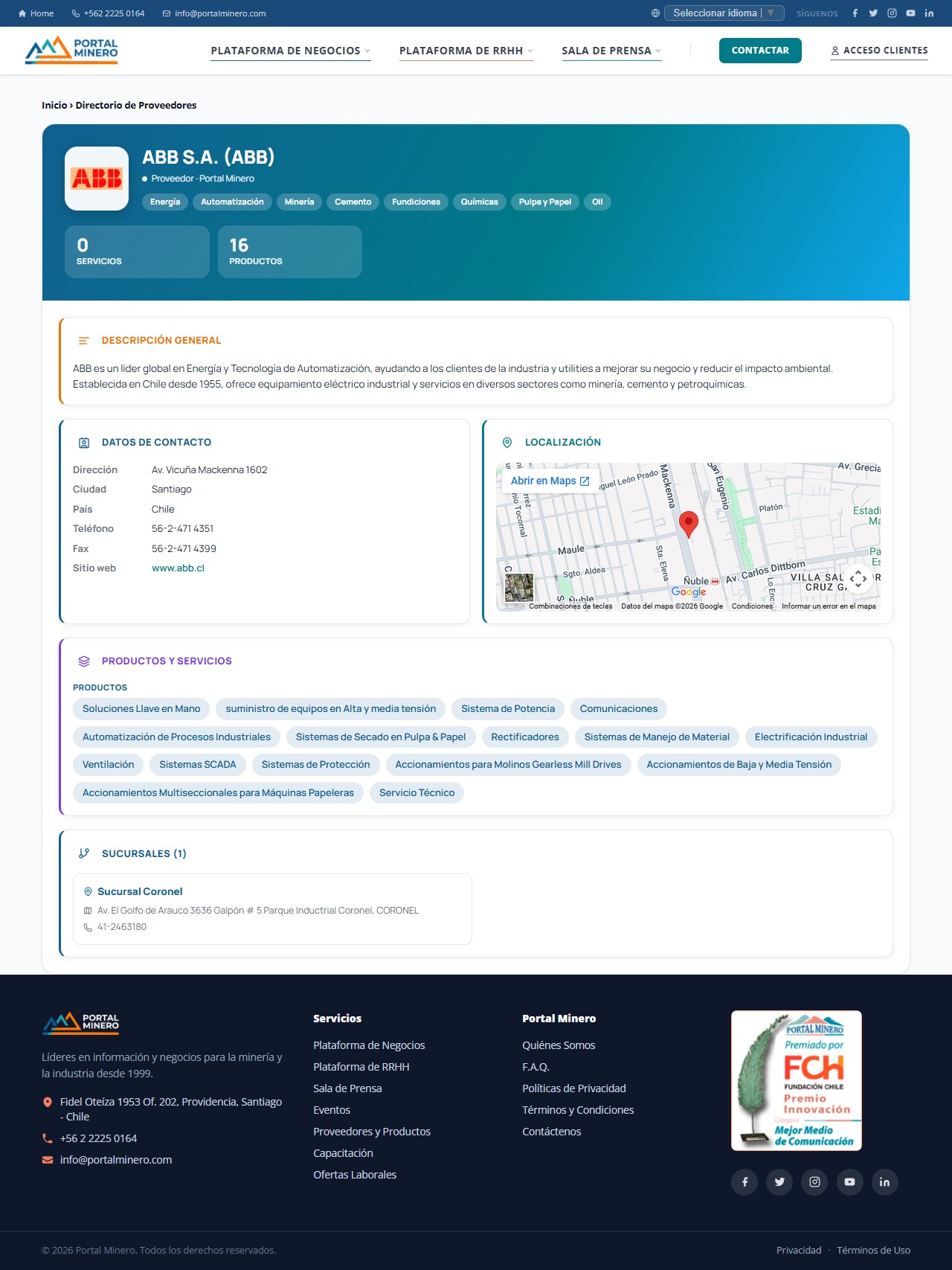 Ejemplo de la ficha completa de un proveedor en el directorio de Portal Minero